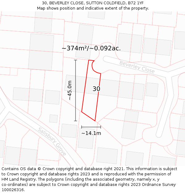 30, BEVERLEY CLOSE, SUTTON COLDFIELD, B72 1YF: Plot and title map