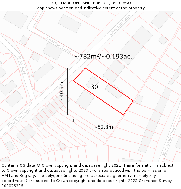 30, CHARLTON LANE, BRISTOL, BS10 6SQ: Plot and title map