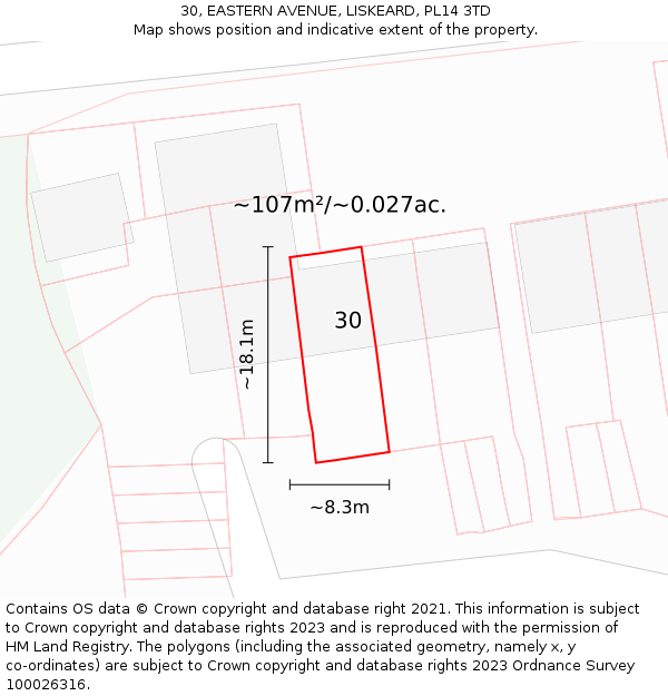 30, EASTERN AVENUE, LISKEARD, PL14 3TD: Plot and title map