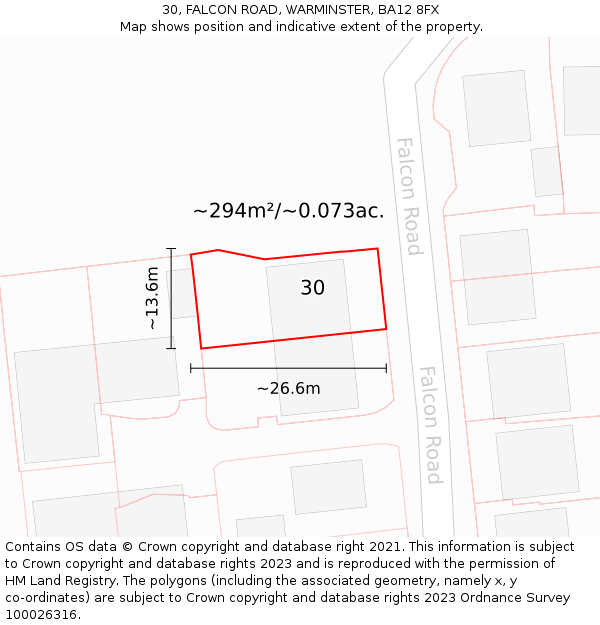 30, FALCON ROAD, WARMINSTER, BA12 8FX: Plot and title map