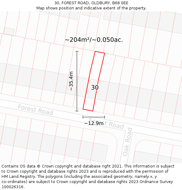 30, FOREST ROAD, OLDBURY, B68 0EE: Plot and title map