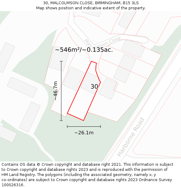 30, MALCOLMSON CLOSE, BIRMINGHAM, B15 3LS: Plot and title map
