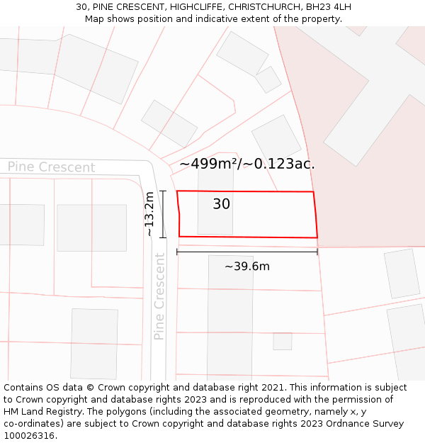 30, PINE CRESCENT, HIGHCLIFFE, CHRISTCHURCH, BH23 4LH: Plot and title map