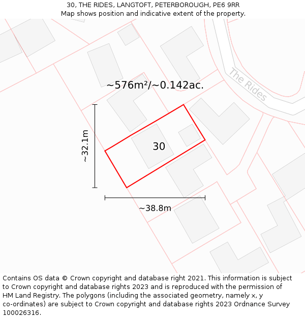 30, THE RIDES, LANGTOFT, PETERBOROUGH, PE6 9RR: Plot and title map