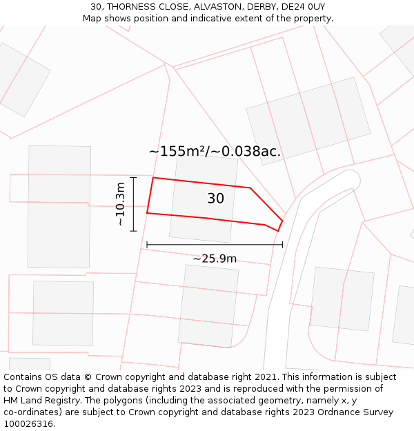 30, THORNESS CLOSE, ALVASTON, DERBY, DE24 0UY: Plot and title map