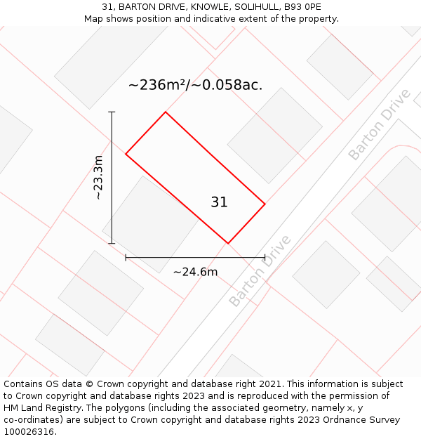 31, BARTON DRIVE, KNOWLE, SOLIHULL, B93 0PE: Plot and title map