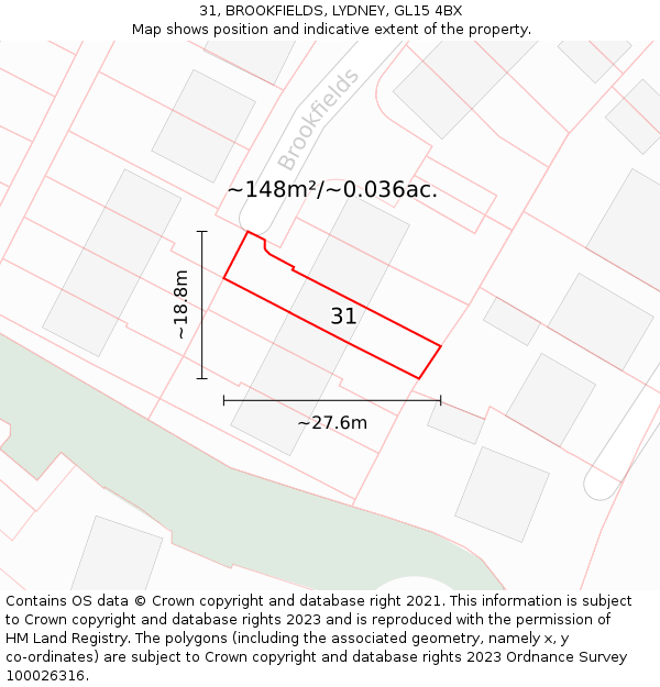 31, BROOKFIELDS, LYDNEY, GL15 4BX: Plot and title map
