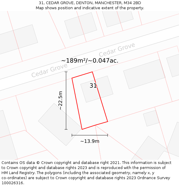 31, CEDAR GROVE, DENTON, MANCHESTER, M34 2BD: Plot and title map