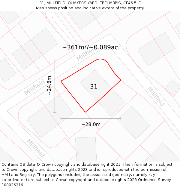 31, MILLFIELD, QUAKERS YARD, TREHARRIS, CF46 5LD: Plot and title map