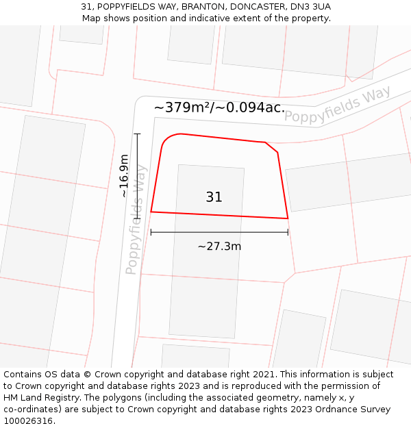 31, POPPYFIELDS WAY, BRANTON, DONCASTER, DN3 3UA: Plot and title map