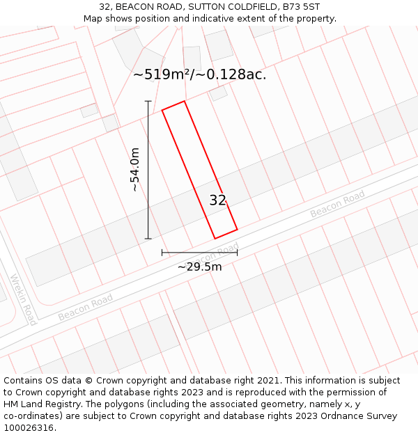 32, BEACON ROAD, SUTTON COLDFIELD, B73 5ST: Plot and title map