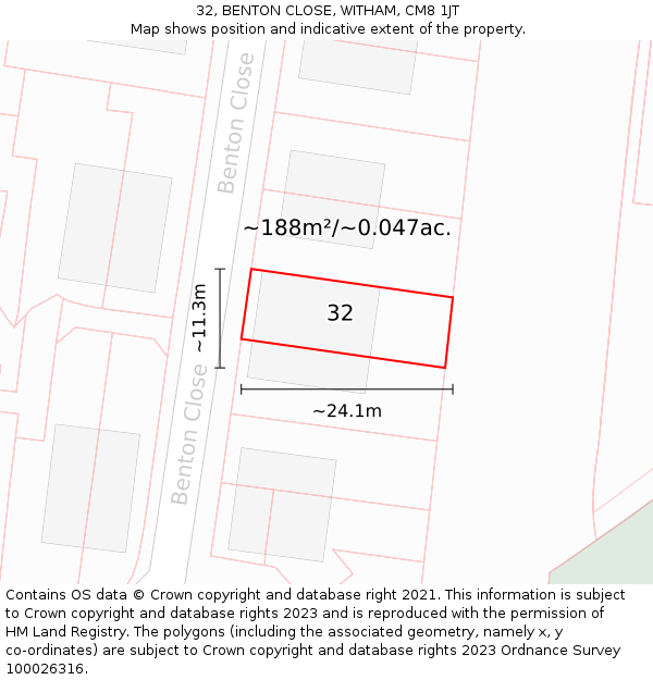 32, BENTON CLOSE, WITHAM, CM8 1JT: Plot and title map