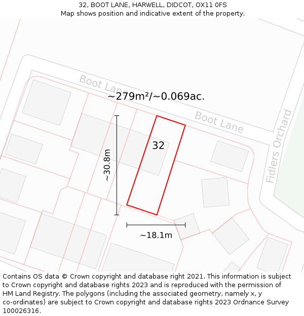 32, BOOT LANE, HARWELL, DIDCOT, OX11 0FS: Plot and title map