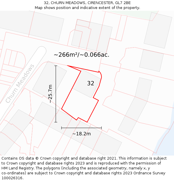 32, CHURN MEADOWS, CIRENCESTER, GL7 2BE: Plot and title map