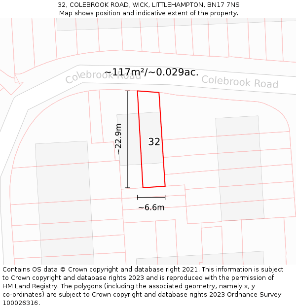 32, COLEBROOK ROAD, WICK, LITTLEHAMPTON, BN17 7NS: Plot and title map