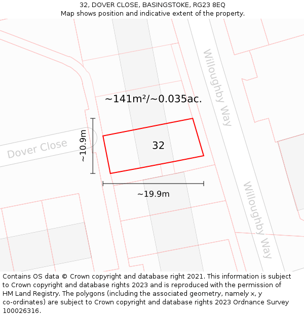 32, DOVER CLOSE, BASINGSTOKE, RG23 8EQ: Plot and title map