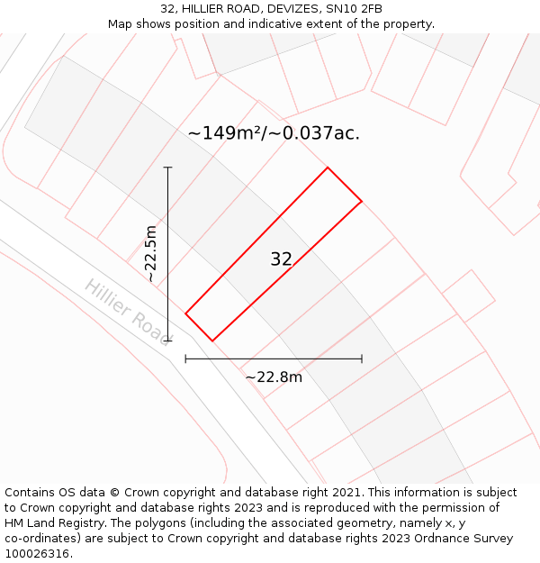 32, HILLIER ROAD, DEVIZES, SN10 2FB: Plot and title map