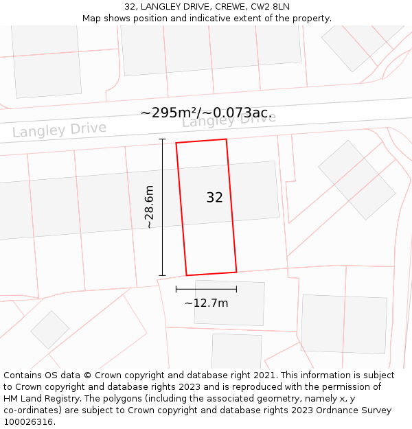 32, LANGLEY DRIVE, CREWE, CW2 8LN: Plot and title map