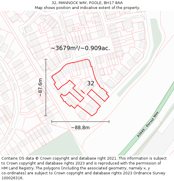 32, MANNOCK WAY, POOLE, BH17 8AA: Plot and title map