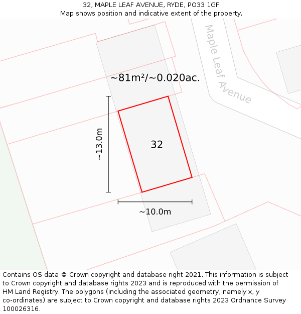 32, MAPLE LEAF AVENUE, RYDE, PO33 1GF: Plot and title map