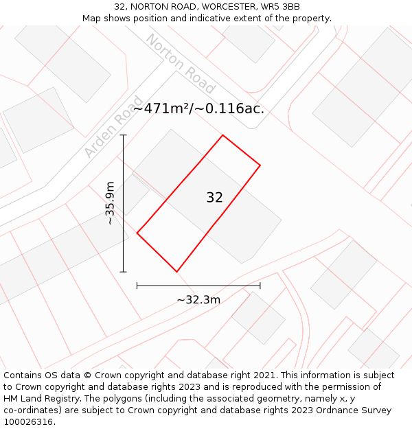 32, NORTON ROAD, WORCESTER, WR5 3BB: Plot and title map