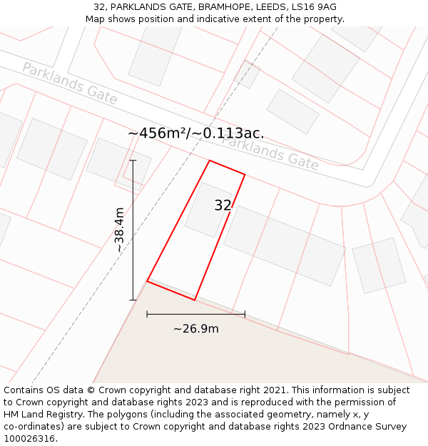 32, PARKLANDS GATE, BRAMHOPE, LEEDS, LS16 9AG: Plot and title map