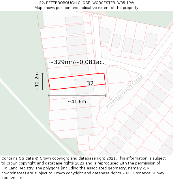 32, PETERBOROUGH CLOSE, WORCESTER, WR5 1PW: Plot and title map