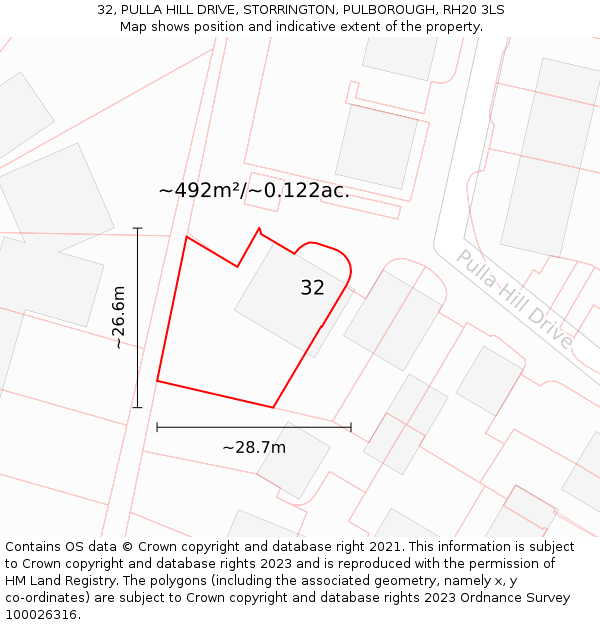 32, PULLA HILL DRIVE, STORRINGTON, PULBOROUGH, RH20 3LS: Plot and title map