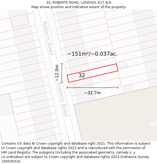 32, ROBERTS ROAD, LONDON, E17 4LR: Plot and title map