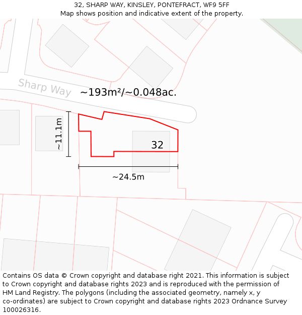 32, SHARP WAY, KINSLEY, PONTEFRACT, WF9 5FF: Plot and title map