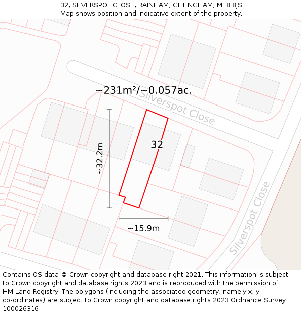 32, SILVERSPOT CLOSE, RAINHAM, GILLINGHAM, ME8 8JS: Plot and title map