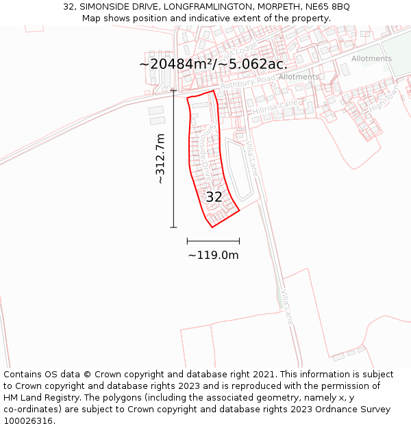 32, SIMONSIDE DRIVE, LONGFRAMLINGTON, MORPETH, NE65 8BQ: Plot and title map