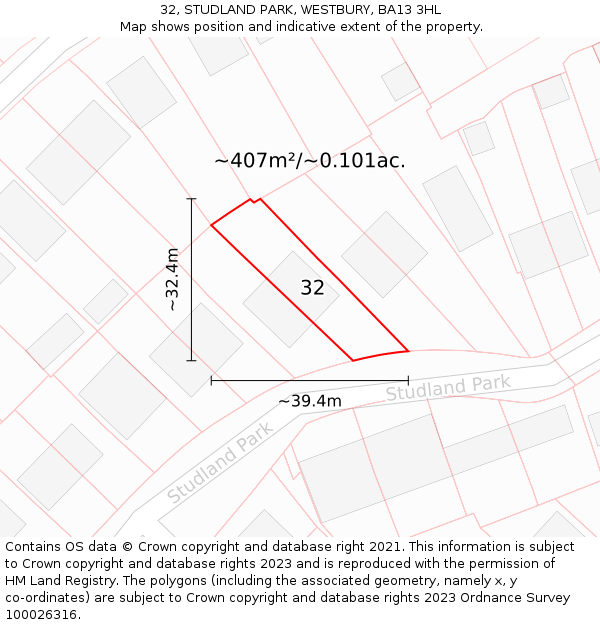 32, STUDLAND PARK, WESTBURY, BA13 3HL: Plot and title map