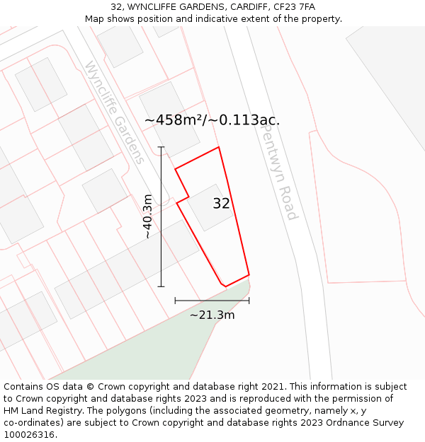 32, WYNCLIFFE GARDENS, CARDIFF, CF23 7FA: Plot and title map