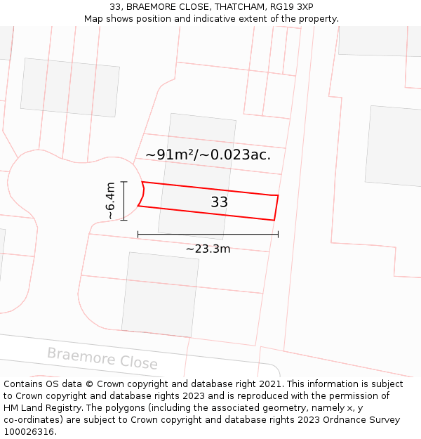 33, BRAEMORE CLOSE, THATCHAM, RG19 3XP: Plot and title map
