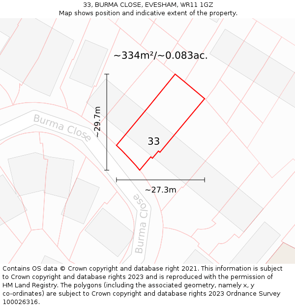 33, BURMA CLOSE, EVESHAM, WR11 1GZ: Plot and title map