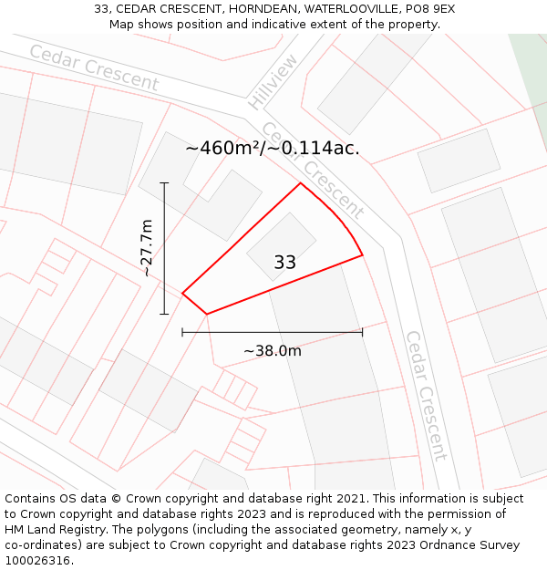 33, CEDAR CRESCENT, HORNDEAN, WATERLOOVILLE, PO8 9EX: Plot and title map