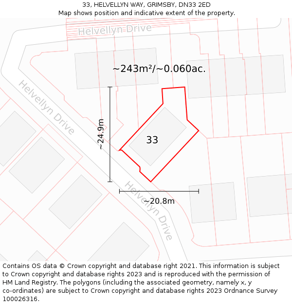 33, HELVELLYN WAY, GRIMSBY, DN33 2ED: Plot and title map