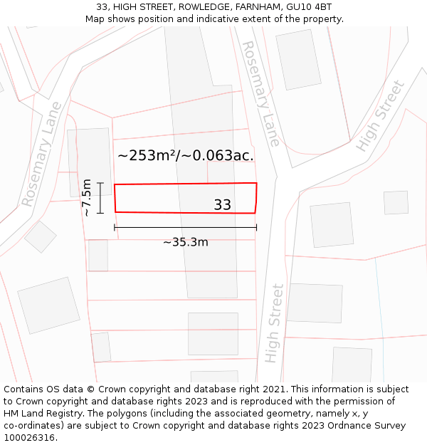 33, HIGH STREET, ROWLEDGE, FARNHAM, GU10 4BT: Plot and title map
