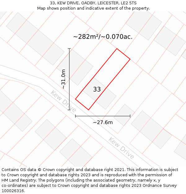 33, KEW DRIVE, OADBY, LEICESTER, LE2 5TS: Plot and title map