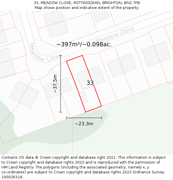 33, MEADOW CLOSE, ROTTINGDEAN, BRIGHTON, BN2 7FB: Plot and title map