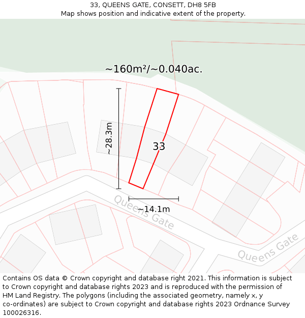 33, QUEENS GATE, CONSETT, DH8 5FB: Plot and title map
