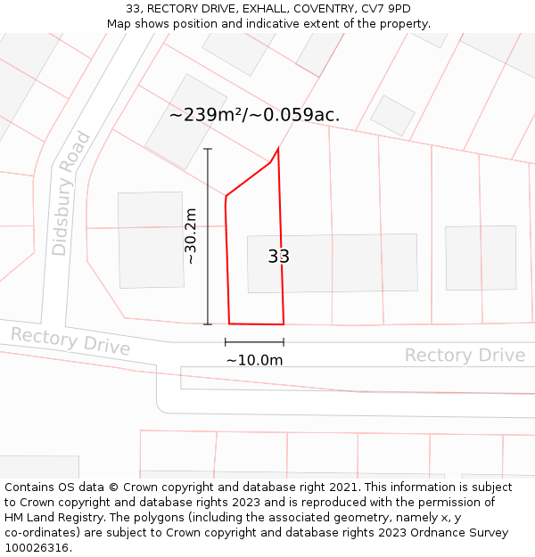 33, RECTORY DRIVE, EXHALL, COVENTRY, CV7 9PD: Plot and title map