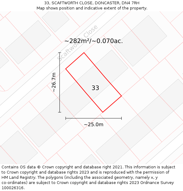 33, SCAFTWORTH CLOSE, DONCASTER, DN4 7RH: Plot and title map