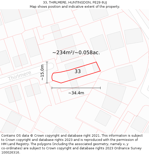 33, THIRLMERE, HUNTINGDON, PE29 6UJ: Plot and title map