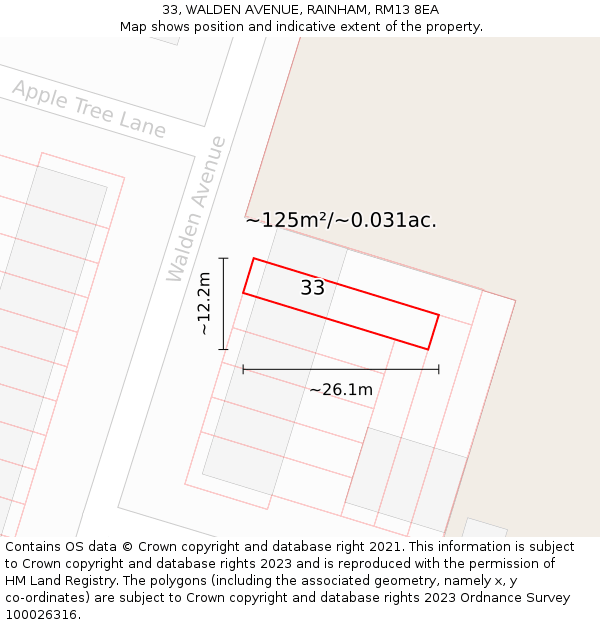 33, WALDEN AVENUE, RAINHAM, RM13 8EA: Plot and title map