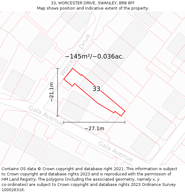 33, WORCESTER DRIVE, SWANLEY, BR8 8FF: Plot and title map