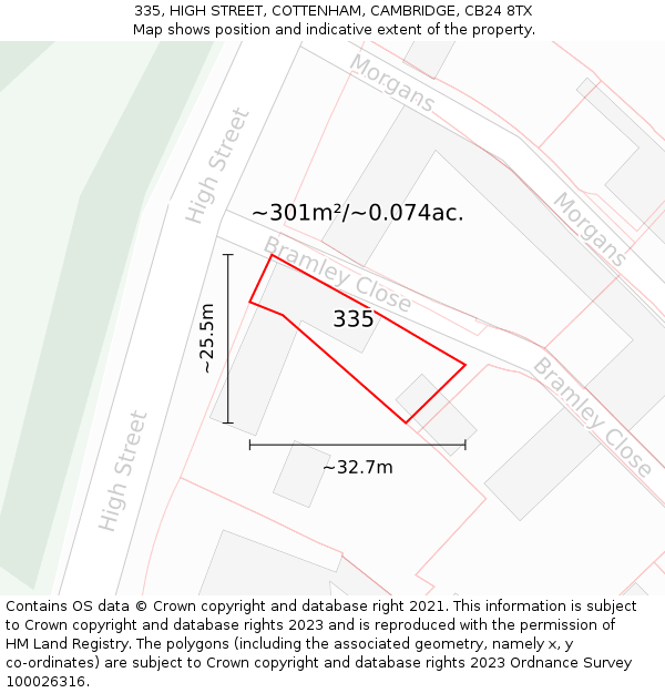 335, HIGH STREET, COTTENHAM, CAMBRIDGE, CB24 8TX: Plot and title map