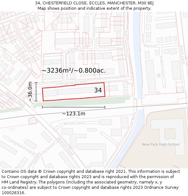 34, CHESTERFIELD CLOSE, ECCLES, MANCHESTER, M30 8EJ: Plot and title map