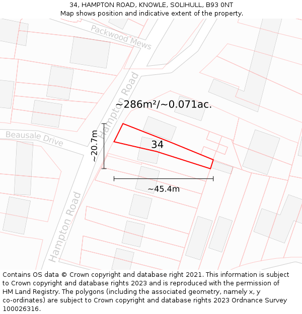 34, HAMPTON ROAD, KNOWLE, SOLIHULL, B93 0NT: Plot and title map